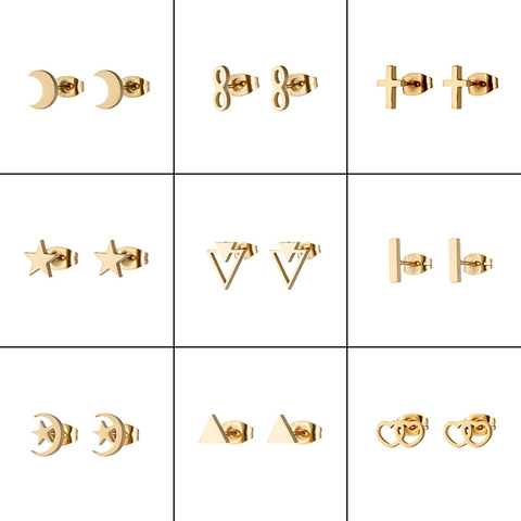 Minimalist Stainless Steel Stud Earrings 18K Gold Plated Geometric Tiny Star Moon Cross Heart Infinity Stud Earrings For Women Jewelry