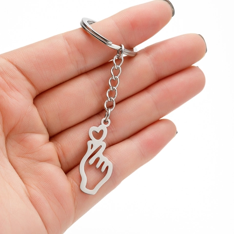 Portachiavi Minimalista in Acciaio Inossidabile Cuore con le Dita Ciondolo Gesto Personalità per Zaino Borsa Argento