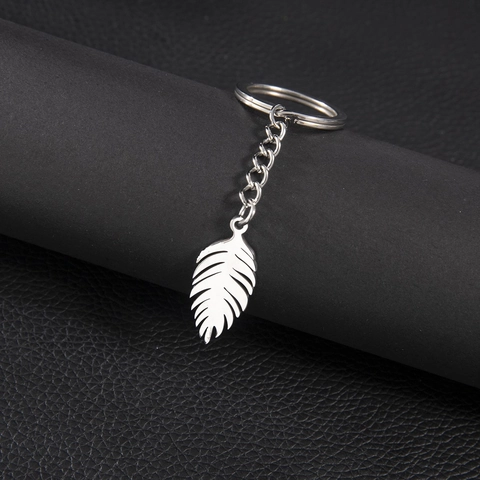 Portachiavi con Pendente Foglia Piuma in Acciaio Inossidabile Minimalista Argento Metallo Anello per Zaino Regalo Moda