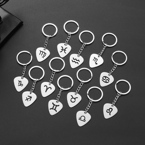 Portachiavi Zodiaco in Acciaio Inossidabile Forma di Plettro per Chitarra Intagliato Argento Lucido Anello di Metallo Regalo Unisex
