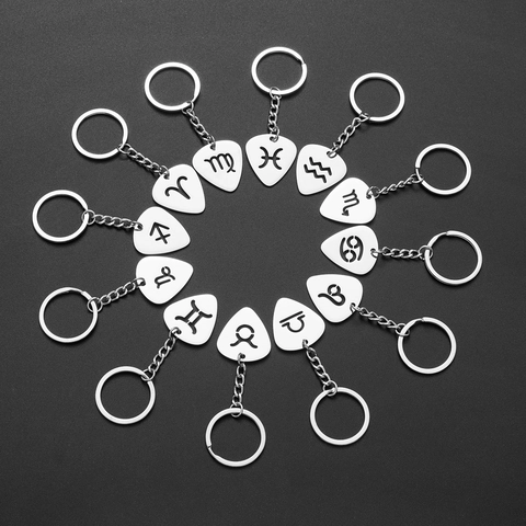 Portachiavi Zodiaco in Acciaio Inossidabile Forma di Plettro per Chitarra Intagliato Argento Lucido Anello di Metallo Regalo Unisex