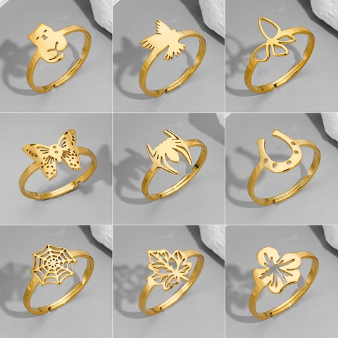 Anillo Abierto de Moda de Acero Inoxidable para Mujer Chapado en Oro de 18K Mariposa Hueca Pájaro Gato Dinosaurio Telaraña Anillo Ajustable Joyería