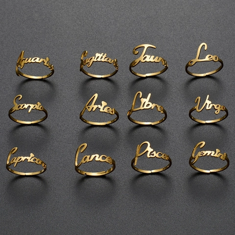 Vintage 18K Gold Plated Stainless Steel 12 Zodiac Constellation Open Ring For Women Adjustable Lettering Finger Ring Jewelry