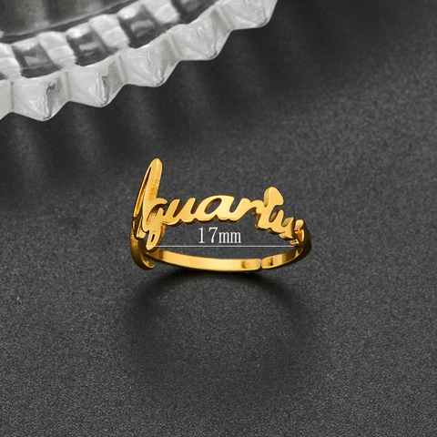 Vintage 18K Gold Plated Stainless Steel 12 Zodiac Constellation Open Ring For Women Adjustable Lettering Finger Ring Jewelry