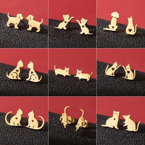 Stainless Steel Cute Animal Cat Dog Stud Earrings For Women Hollow Heart Asymmetric Jewelry Minimalist Pet Lover Gift