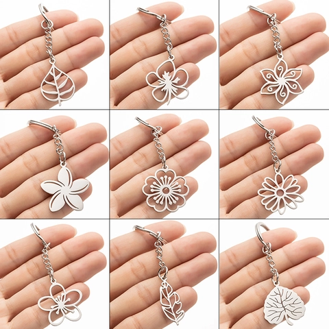 Roestvrij Staal Opengewerkt Bloem Blad Sleutelhanger Minimalistisch Zilver Madeliefje Hanger Sleutelring Mode Accessoires Cadeau