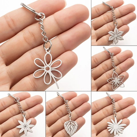 Minimalist Stainless Steel Floral Leaf Pendant Keychain Silver Botanical Plant Bag Charm Pendant For Backpack Decoration Gift