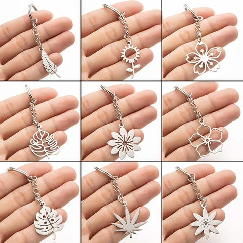 Portachiavi in Acciaio Inossidabile Pianta Fiore Piuma Pendente a Foglia d'Argento Minimalista Ornamento per Borsa Regalo
