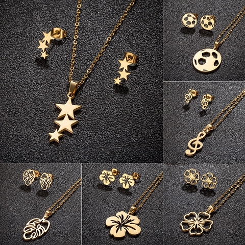 Stainless Steel Hollow Monstera Leaf Floral Musical Note Star Jewelry Set Electroplated Necklace Earrings For Women Daily Jewelry Gift