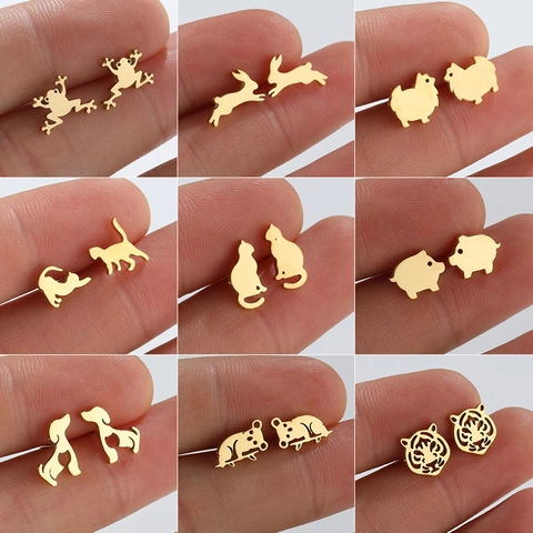 Pendientes de Botón de Acero Inoxidable Animales Oro Plata Oro Rosa Negro Rana Conejo Gato Cerdo Perro Koala Ardilla Joyas Para Mujer