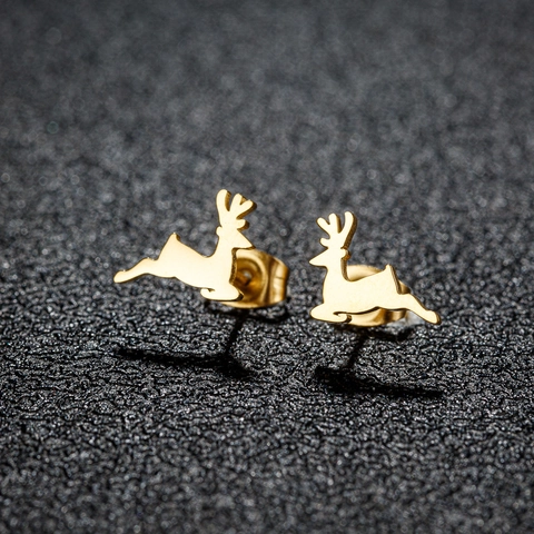 Stainless Steel Jumping Reindeer Stud Earrings For Women Men Minimalist Animal Deer Antler Ear Bone Jewelry Christmas Gift