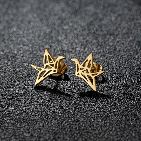 Minimalistische Roestvrijstalen Origami Kraanvogel Oorknopjes Geometrische Holle Vogel Oorbellen Sieraden Cadeau Voor Vrouwen