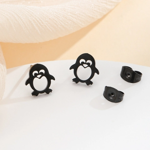 Cute Penguin Stainless Steel Stud Earrings Minimalist Hollow Heart Animal Ear Jewelry For Women Kids Daily Accessories