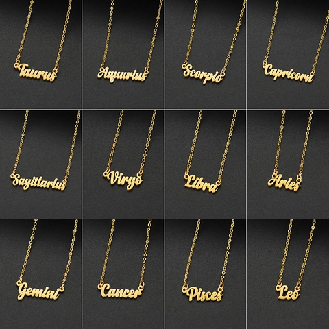 Collar de Pendiente de 12 Signos del Zodiaco de Acero Inoxidable Bañado en Oro de 18K Plata Letra de Guión Joyería para Mujer Regalo Minimalista Retro