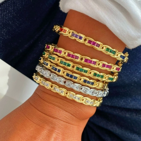 Bracciale e Anello in Rame con Zirconi Geometrici alla Moda per Donna Gioielli con Catena di Pietre Colorate di Lusso per Banchetto Decorazione Quotidiana