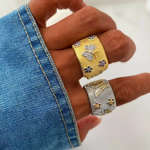 Luxury 18K Gold Plated Copper Bangle Ring Brushed Metal Colorful Zirconia Butterfly Flower Adjustable Jewelry Women