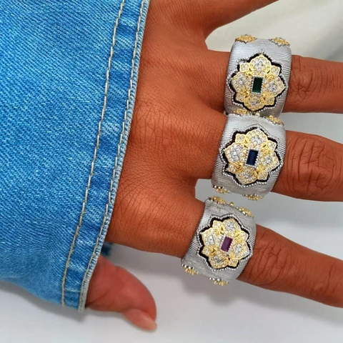 Parure Bracelet Jonc Brossé et Bague Texture Rigato Style Italien Plaqué Or Argent Cuivre Zircone Fleur Bijoux Femme