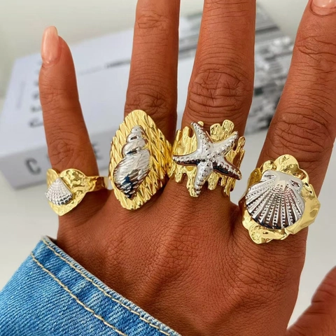 Anello Regolabile Bicolore in Ottone Placcato Oro 18K Stile Oceanico Donna Stella Marina Conchiglia Perle Gioielli Moda Spiaggia