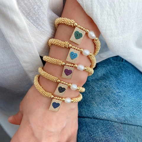 18K Vergoldetes Künstliche Perlenarmband Elastisch Mit Zirkonia Herz Kreuz Anhänger Und Künstliche Barockperle Schmuck Für Damen Alltag