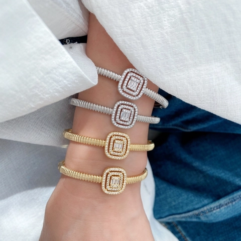 Fashion Copper 18K Gold Plated Jewelry Set For Women Geometric Square Zirconia Threaded Open Ring And Bangle Bracelet Gift