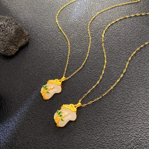 Nuova Collana Con Ciondolo Qipao in Stile Cinese Acciaio Al Titanio Placcato Oro Giada Sintetica Bianca Fiore Tulipano Smalto Gioielli Donna
