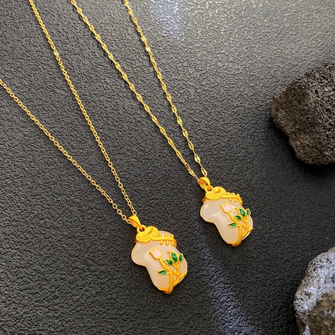 Nuova Collana Con Ciondolo Qipao in Stile Cinese Acciaio Al Titanio Placcato Oro Giada Sintetica Bianca Fiore Tulipano Smalto Gioielli Donna