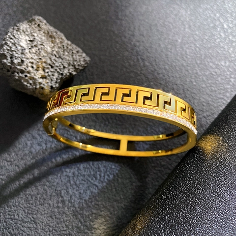 Luxury Stainless Steel Greek Key Bangle For Women Gold Plated Double Layer Zirconia Hollow Out Meander Hinged Bracelet Jewelry