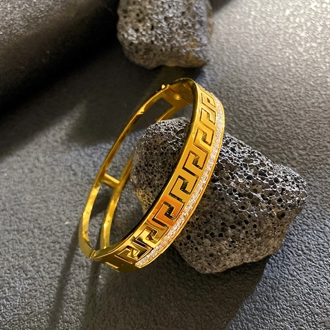 Luxury Stainless Steel Greek Key Bangle For Women Gold Plated Double Layer Zirconia Hollow Out Meander Hinged Bracelet Jewelry