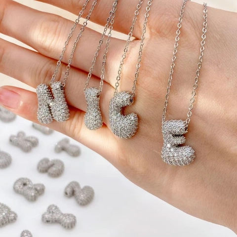 Mode 3D Bubbel Alfabet Hanger Ketting Volledig Iced Out Zirkonia Koper Verzilverd Initiaal Ketting Mannen Vrouwen Sieraden