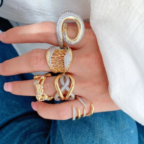 Unregelmäßiger 18K Vergoldeter Kupfer Offener Ring Für Damen Mit Zirkonia Eingelegt Vintage Geometrischer Designer Mode Schmuck