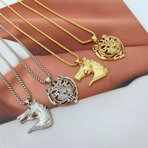 Hip Hop Punk 18K Gold Plated Copper Tiger Horse Head Pendant For Men Women Hollow Animal Pave White Zirconia Jewelry Accessory