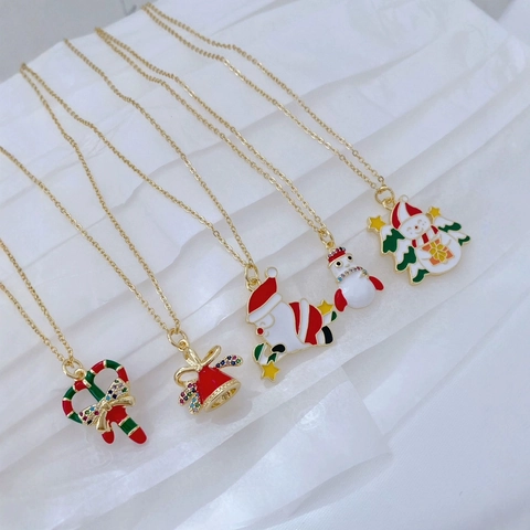 Weihnachten Weihnachtsmann Schneemann Glocke Zuckerstange Anhänger Halskette 18K Vergoldet Kupfer Emaille Festlicher Schmuck Für Damen