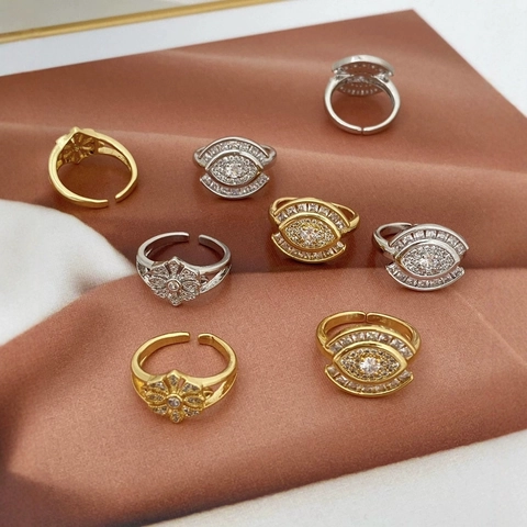 Zirkonia Eingelegter Kupfer Vergoldet Böser Blick Blume Offener Verstellbarer Ring Für Damen Hochwertige Mode Schmuck Fingerring