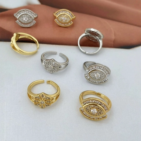 Zirkonia Eingelegter Kupfer Vergoldet Böser Blick Blume Offener Verstellbarer Ring Für Damen Hochwertige Mode Schmuck Fingerring