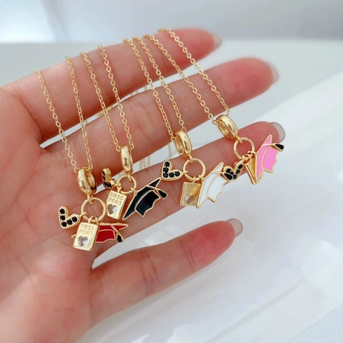 18K Gold Plated Copper Necklace Enamel Graduation Cap Heart Passport Charm Zirconia Travel Theme Pendants Jewelry For Women