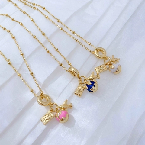 18K Vergoldet Kupfer Reise Thema Halskette Anhänger Emaille Kamera Flugzeug Globus Charms Für Damen Mode Schmuck Geschenk