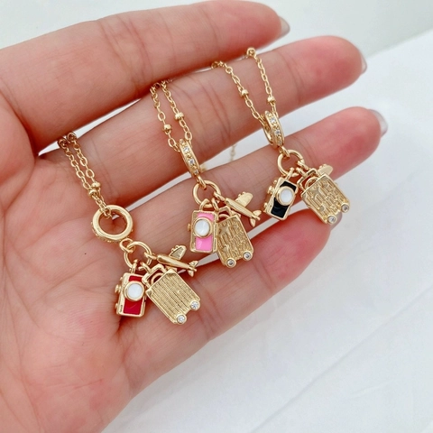 18K Verguld Koperen Reisthema Hanger Set Met Camera Vliegtuig Koffer Emaille Zirconia Charms Vrouwen Sieraden