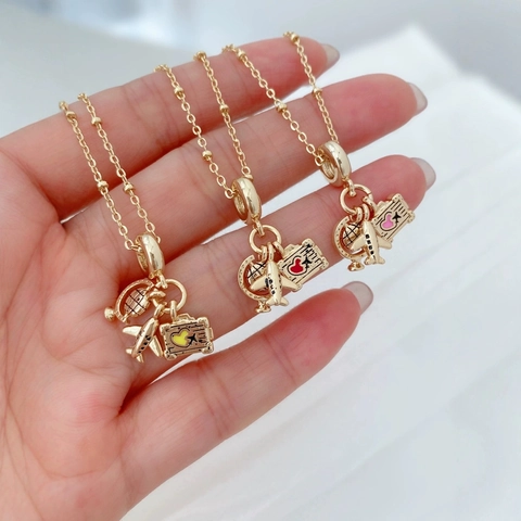 18K Gold Plated Copper Travel Theme Pendant Set Airplane Globe Heart Suitcase Charms For Women DIY Jewelry Gift