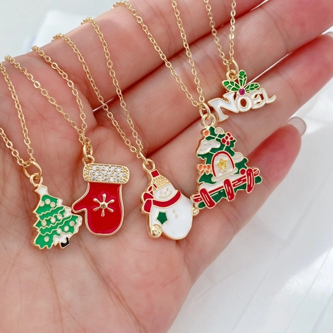 Collar de Navidad de Cobre Chapado en Oro de 18K Con Colgante de Esmalte Muñeco de Nieve Árbol de Navidad Joyería Festiva Mujer