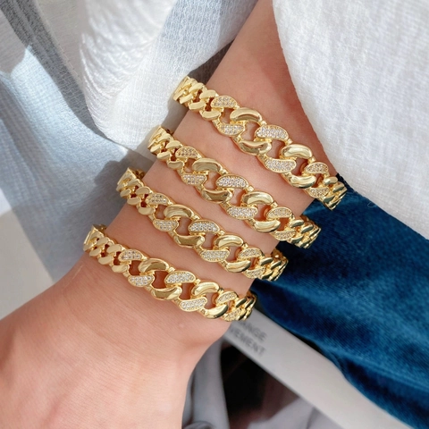 Hip Hop Miami Cuban Link Βραχιόλι Δαχτυλίδι Για Άνδρες Γυναίκες Χαλκός Επιχρυσωμένο 18K Ζιρκόνια Ρυθμιζόμενο Δαχτυλίδι