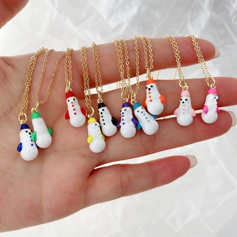 Simpatico Pupazzo di Neve Pendente Collana Placcata Oro 18K Rame Smalto Inverno Natale Gioielli per Donne Ragazze Regalo di Capodanno