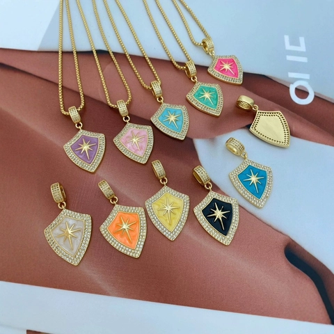 Vintage 18K Gold Plated Copper Shield Pendant With Eight-pointed Star Micro Zirconia Enamel Charm For DIY Jewelry Making Accessory