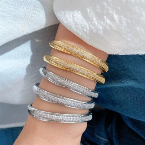 Bracelet Jonc Ouvert en Cuivre Plaqué Or 18K Zirconium Cubique Minimaliste Micro Pavé CZ Bague Ouverte Réglable Bijoux Femme
