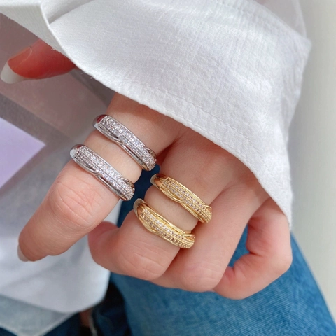 Bracelet Jonc Ouvert en Cuivre Plaqué Or 18K Zirconium Cubique Minimaliste Micro Pavé CZ Bague Ouverte Réglable Bijoux Femme