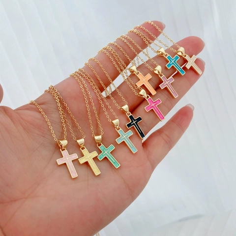 Mode 18K Verguld Koperen Kruis Hanger Ketting Voor Vrouwen Kleurrijke Emaille Druppel Olie Kruis Charms Minimalistische Sieraden