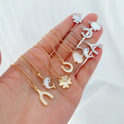 18K Gold Plated Copper Natural Mother of Artificial Pearl Dolphin Clover Hamsa Horseshoe Wishbone Pendant Necklace DIY Jewelry Charms For Women