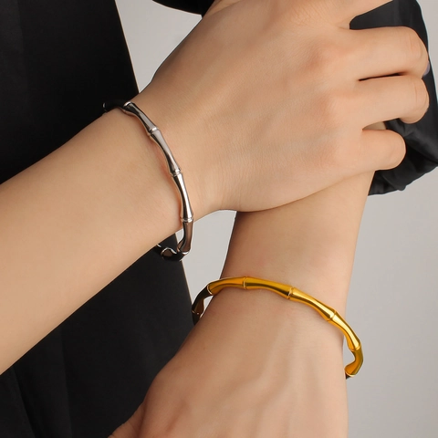 Stainless Steel Bamboo Twisted Texture Open Bangle For Women Gold Silver Plated Adjustable Cuff Bracelet Fashion Jewelry