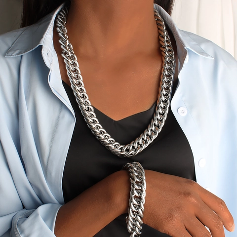 Parure de Bijoux Homme en Acier Inoxydable Grosse Chaîne Cubaine Collier et Bracelet Argent Poli Style Hiphop Punk