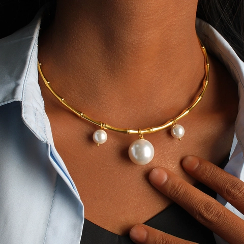 Vintage Stainless Steel Bamboo Choker Necklace With Faux Artificial Pearl Pendant Gold Silver Plated Elegant Adjustable Collar Jewelry For Women