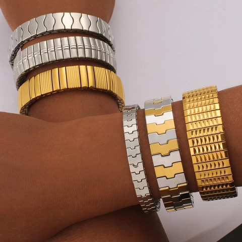 Stainless Steel Elastic Watch Strap Bracelet For Women Gold Silver Bicolor Link Bangle Embossed Geometric Italian Charm Jewelry
